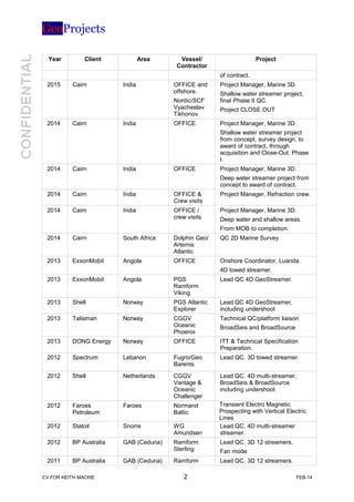 GeoProjects
Year Client Area Vessel/
Contractor
Project
of contract.
2015 Cairn India OFFICE and
offshore.
Nordic/SCF
Vyacheslav
Tikhonov
Project Manager, Marine 3D.
Shallow water streamer project,
final Phase II QC.
Project CLOSE OUT
2014 Cairn India OFFICE Project Manager, Marine 3D.
Shallow water streamer project
from concept, survey design, to
award of contract, through
acquisition and Close-Out. Phase
I.
2014 Cairn India OFFICE Project Manager, Marine 3D.
Deep water streamer project from
concept to award of contract.
2014 Cairn India OFFICE &
Crew visits
Project Manager, Refraction crew.
2014 Cairn India OFFICE /
crew visits
Project Manager, Marine 3D.
Deep water and shallow areas.
From MOB to completion.
2014 Cairn South Africa Dolphin Geo/
Artemis
Atlantic
QC 2D Marine Survey
2013 ExxonMobil Angola OFFICE Onshore Coordinator, Luanda.
4D towed streamer.
2013 ExxonMobil Angola PGS
Ramform
Viking
Lead QC 4D GeoStreamer.
2013 Shell Norway PGS Atlantic
Explorer
Lead QC 4D GeoStreamer,
including undershoot
2013 Talisman Norway CGGV
Oceanic
Phoenix
Technical QC/platform liaison
BroadSeis and BroadSource
2013 DONG Energy Norway OFFICE ITT & Technical Specification
Preparation.
2012 Spectrum Lebanon Fugro/Geo
Barents
Lead QC. 3D towed streamer.
2012 Shell Netherlands CGGV
Vantage &
Oceanic
Challenger
Lead QC. 4D multi-streamer,
BroadSeis & BroadSource
including undershoot
2012 Faroes
Petroleum
Faroes Normand
Baltic
Transient Electro Magnetic
Prospecting with Vertical Electric
Lines
2012 Statoil Snorre WG
Amundsen
Lead QC. 4D multi-streamer
streamer.
2012 BP Australia GAB (Ceduna) Ramform
Sterling
Lead QC. 3D 12 streamers.
Fan mode
2011 BP Australia GAB (Ceduna) Ramform Lead QC. 3D 12 streamers.
CV FOR KEITH MACKIE 2 FEB-14
 