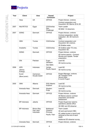 GeoProjects
Year Client Area Vessel/
Contractor
Project
Hess UK OFFICE Project Advisor, onshore
Contract preparation and
Acquisition QC Marine 2D & 3D
2007 NALPETCO Egypt CGGVeritas
Geo
Challenger
Team Leader
3D MAZ -12 streamers
2007 DONG Denmark OFFICE Project Advisor, onshore
Contract preparation, tender
evaluation. 2D, 4D marine &
OBC.
OMV Tunisia CGGVeritas Contract preparation and
Acquisition QC onshore.
3D Shallow water
Anadarko Tunisia CGGVeritas 3D shallow water TZ crew,
Acquisition QC
DONG Denmark OFFICE Project Advisor, onshore
4D marine seismic - Contract
Review and Update, Tender
preparation.
ENI Pakistan Fugro
Geoteam
Geo Baltic
Lead QC
3D marine survey.
2006 APD
(Serica
Energy)
Indonesia Veritas
Pacific Sword
Lead QC
3D marine survey.
Euroil
(Bow Leven)
Cameroon,
Douala based
OFFICE Project Manager, onshore.
3D Transition Zone
Sercel 408xl
6 month Project
2005 OMV Albania PGS Atlantic
Explorer
Lead QC
3D marine survey.
Amerada Hess Denmark Western
Pride
Lead QC
4D marine survey.
Amerada Hess Denmark OFFICE Project Advisor, onshore
4D Marine seismic contract
preparation and tender
assessment.
BP Indonesia Jakarta OFFICE Project Supervisor seismic
operations Jakarta office.
3D OBC and 3D streamer
BP Indonesia Bintuni Bay
Irian Jaya
Indonesia
Multiwave/
Oceanic/
Princess
Pacific Titan
Team Leader.
3D semi-permanent OBC.
4C cables buried in trench and
retrieved at the end of each
swath.
Additional 3D streamer survey.
Amerada Hess Denmark OFFICE Project Advisor, onshore
CV FOR KEITH MACKIE 4 FEB-14
 