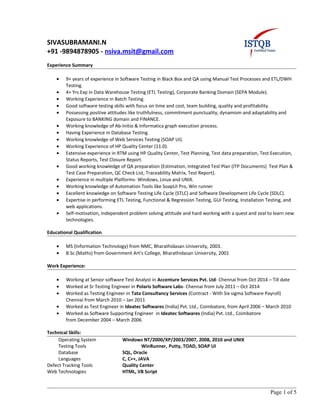 SIVASUBRAMANI.N
+91 -9894878905 - nsiva.msit@gmail.com
Experience Summary
• 9+ years of experience in Software Testing in Black Box and QA using Manual Test Processes and ETL/DWH
Testing.
• 4+ Yrs Exp in Data Warehouse Testing (ETL Testing), Corporate Banking Domain (SEPA Module).
• Working Experience in Batch Testing.
• Good software testing skills with focus on time and cost, team building, quality and profitability.
• Possessing positive attitudes like truthfulness, commitment punctuality, dynamism and adaptability and
Exposure to BANKING domain and FINANCE.
• Working knowledge of Ab-Initio & Informatica graph execution process.
• Having Experience in Database Testing.
• Working knowledge of Web Services Testing (SOAP UI).
• Working Experience of HP Quality Center (11.0).
• Extensive experience in RTM using HP Quality Center, Test Planning, Test data preparation, Test Execution,
Status Reports, Test Closure Report.
• Good working knowledge of QA preparation (Estimation, Integrated Test Plan (ITP Documents) Test Plan &
Test Case Preparation, QC Check List, Traceability Matrix, Test Report).
• Experience in multiple Platforms- Windows, Linux and UNIX.
• Working knowledge of Automation Tools like SoapUI Pro, Win runner
• Excellent knowledge on Software Testing Life Cycle (STLC) and Software Development Life Cycle (SDLC).
• Expertise in performing ETL Testing, Functional & Regression Testing, GUI Testing, Installation Testing, and
web applications.
• Self-motivation, Independent problem solving attitude and hard working with a quest and zeal to learn new
technologies.
Educational Qualification
• MS (Information Technology) from NMC, Bharathidasan University, 2003.
• B.Sc.(Maths) from Government Art’s College, Bharathidasan University, 2001
Work Experience:
• Working at Senior software Test Analyst in Accenture Services Pvt. Ltd- Chennai from Oct 2014 – Till date
• Worked at Sr Testing Engineer in Polaris Software Labs- Chennai from July 2011 – Oct 2014
• Worked as Testing Engineer in Tata Consultancy Services (Contract - With Six sigma Software Payroll)
Chennai from March 2010 – Jan 2011
• Worked as Test Engineer in Ideatec Softwares (India) Pvt. Ltd., Coimbatore, from April 2006 – March 2010
• Worked as Software Supporting Engineer in Ideatec Softwares (India) Pvt. Ltd., Coimbatore
from December 2004 – March 2006
Technical Skills:
Operating System Windows NT/2000/XP/2003/2007, 2008, 2010 and UNIX
Testing Tools WinRunner, Putty, TOAD, SOAP UI
Database SQL, Oracle
Languages C, C++, JAVA
Defect Tracking Tools Quality Center
Web Technologies HTML, VB Script
Page 1 of 5
 