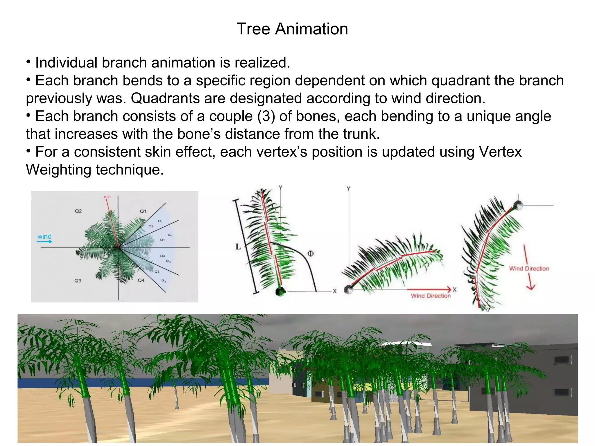 Tree Animation
• Individual branch animation is realized.
• Each branch bends to a specific region dependent on which quadrant the branch
previously was. Quadrants are designated according to wind direction.
• Each branch consists of a couple (3) of bones, each bending to a unique angle
that increases with the bone’s distance from the trunk.
• For a consistent skin effect, each vertex’s position is updated using Vertex
Weighting technique.
 