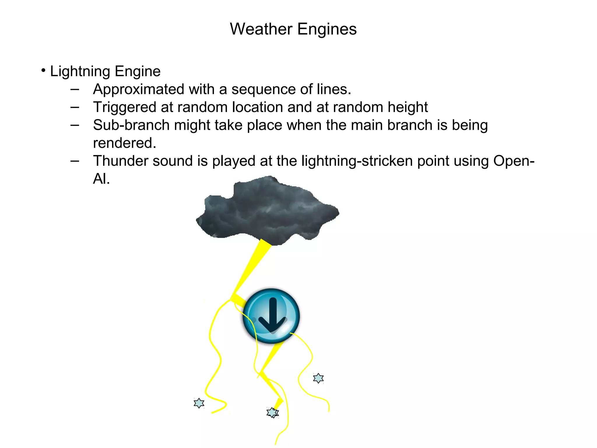 Weather Engines
• Lightning Engine
‒ Approximated with a sequence of lines.
‒ Triggered at random location and at random height
‒ Sub-branch might take place when the main branch is being
rendered.
‒ Thunder sound is played at the lightning-stricken point using Open-
Al.
 