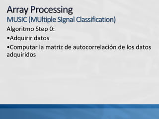 Algoritmo Step 0:
•Adquirir datos
•Computar la matriz de autocorrelación de los datos
adquiridos
 