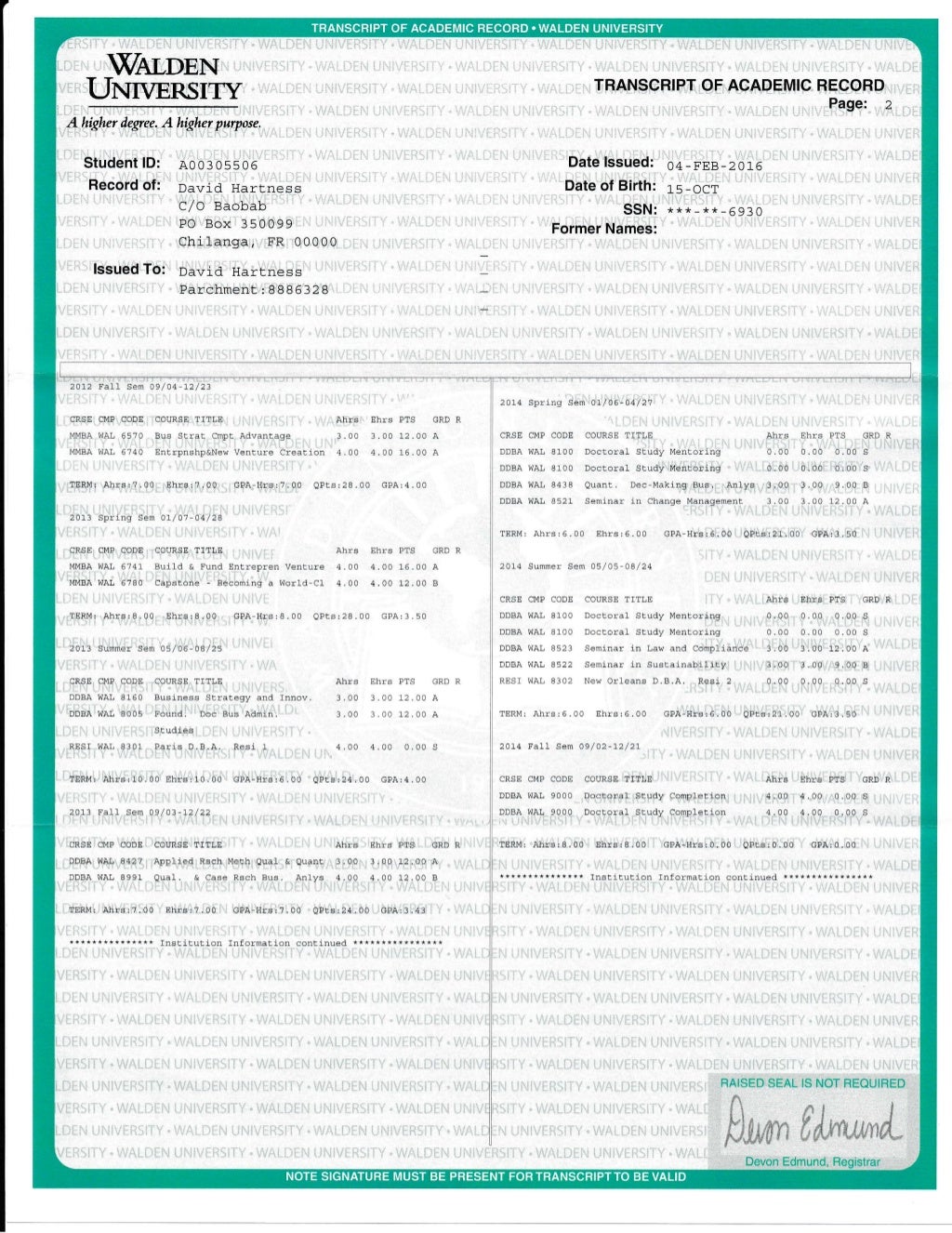 MBA Graduate transcript