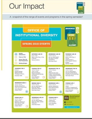  
6 N U a S aUR N TR S RcR a N Q T N V aUR V T R R aR !
SPRING 2015 EVENTS
INSTITUTIONAL DIVERSITY
OFFICE OF
SATURDAY, JAN. 24
9 a.m.–noon
Martin Luther King, Jr. Day
of Service
Various locations
WEDNESDAY, JAN. 28
12:15–1:15 p.m.
Are You World Ready?
The Value of Cultural
Competence
Platt Green Room
THURSDAY, JAN. 29
7:30–9:30 p.m.
Martin Luther King, Jr.
Lecture
Youth Activism in
Post-Ferguson America
Scripps,
Garrison Theatre
THURSDAY, FEB. 5
6–8 p.m.
Building Bridges
Weekly Seminar,
Thursdays, 2/5-3/12
Shanahan 3466
TUESDAY, FEB. 10
12:15–1:15 p.m.
Chew on this!
Beyond the Myths:
Undocumented Identities
and Issues
Hoch-Shanahan,
Aviation Room
WEDNESDAY, FEB. 18
12:15–1:15 p.m.
Voices
Where Are My Cheat
Codes?: First-Generation
College Students at Mudd
Hoch-Shanahan,
Aviation Room
WEDNESDAY, FEB. 25
12:15–1:15 p.m.
Are You World Ready?
Owning Our Blind Spots:
Checking Unconscious Bias
Platt Green Room
WEDNESDAY, MAR. 4
12:15–1:15 p.m.
Identity Intersections
Albert Dato (Engineering)
Hoch-Shanahan,
Aviation Room
MONDAY, MAR. 9
12:15–1:15 p.m.
Are You World Ready?
More than Words:
Intercultural Literacy
Platt Green Room
WEDNESDAY, APR. 1
12:15–1:15 p.m.
Identity Intersections
Peter Saeta (Physics)
Hoch-Shanahan,
Aviation Room
TUESDAY, APR. 7
12:15–1:15 p.m.
Voices
Conflict or Coalescence?:
Scientists of Faith at Mudd
Hoch-Shanahan,
Aviation Room
FRIDAY, APR. 17
12:15–1:15 p.m.
Chew on this!
Naming it, Claiming it:
White Identity Today
Hoch-Shanahan,
Aviation Room
WEDNESDAY, APR. 22
12:15–1:15 p.m.
Are You World Ready?
Build Your Skills: Conflict
Resolution
Platt Green Room
TUESDAY, MAY. 5
12:15–1:15 p.m.
¡Celebración!
Cinco de Mayo
Hoch-Shanahan,
Dining Hall
Ofﬁce of Institutional Diversity
909.607.8875 | oid@hmc.edu
hmc.edu/diversity
tinyurl.com/OIDFB
twitter.com/HMC_OID
Identity
Intersections
Chew on This!
Building Bridges
Voices: Real Life,
Real Perspectives
RSVP at tinyurl.com/oidsp15rsvp
Db NPa
 