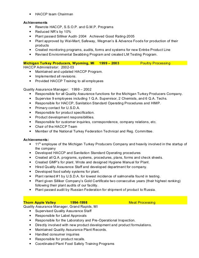 Resume poultry plant manager