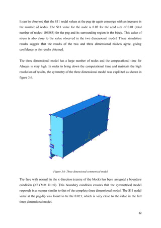 32
It can be observed that the S11 nodal values at the peg tip again converge with an increase in
the number of nodes. The S11 value for the node is 0.02 for the seed size of 0.01 (total
number of nodes: 106863) for the peg and its surrounding region in the block. This value of
stress is also close to the value observed in the two dimensional model. These simulation
results suggest that the results of the two and three dimensional models agree, giving
confidence in the results obtained.
The three dimensional model has a large number of nodes and the computational time for
Abaqus is very high. In order to bring down the computational time and maintain the high
resolution of results, the symmetry of the three dimensional model was exploited as shown in
figure 3.6.
Figure 3.6: Three dimensional symmetrical model
The face with normal in the x direction (centre of the block) has been assigned a boundary
condition (XSYMM U1=0). This boundary condition ensures that the symmetrical model
responds in a manner similar to that of the complete three dimensional model. The S11 nodal
value at the peg-tip was found to be the 0.023, which is very close to the value in the full
three dimensional model.
 