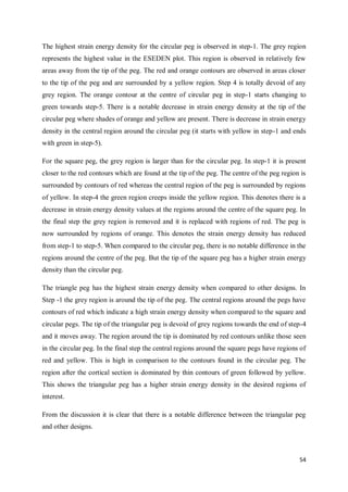 54
The highest strain energy density for the circular peg is observed in step-1. The grey region
represents the highest value in the ESEDEN plot. This region is observed in relatively few
areas away from the tip of the peg. The red and orange contours are observed in areas closer
to the tip of the peg and are surrounded by a yellow region. Step 4 is totally devoid of any
grey region. The orange contour at the centre of circular peg in step-1 starts changing to
green towards step-5. There is a notable decrease in strain energy density at the tip of the
circular peg where shades of orange and yellow are present. There is decrease in strain energy
density in the central region around the circular peg (it starts with yellow in step-1 and ends
with green in step-5).
For the square peg, the grey region is larger than for the circular peg. In step-1 it is present
closer to the red contours which are found at the tip of the peg. The centre of the peg region is
surrounded by contours of red whereas the central region of the peg is surrounded by regions
of yellow. In step-4 the green region creeps inside the yellow region. This denotes there is a
decrease in strain energy density values at the regions around the centre of the square peg. In
the final step the grey region is removed and it is replaced with regions of red. The peg is
now surrounded by regions of orange. This denotes the strain energy density has reduced
from step-1 to step-5. When compared to the circular peg, there is no notable difference in the
regions around the centre of the peg. But the tip of the square peg has a higher strain energy
density than the circular peg.
The triangle peg has the highest strain energy density when compared to other designs. In
Step -1 the grey region is around the tip of the peg. The central regions around the pegs have
contours of red which indicate a high strain energy density when compared to the square and
circular pegs. The tip of the triangular peg is devoid of grey regions towards the end of step-4
and it moves away. The region around the tip is dominated by red contours unlike those seen
in the circular peg. In the final step the central regions around the square pegs have regions of
red and yellow. This is high in comparison to the contours found in the circular peg. The
region after the cortical section is dominated by thin contours of green followed by yellow.
This shows the triangular peg has a higher strain energy density in the desired regions of
interest.
From the discussion it is clear that there is a notable difference between the triangular peg
and other designs.
 