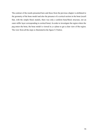55
The contrast of the results presented here and those from the previous chapter is attributed to
the geometry of the bone model and also the presence of a cortical section in the bone (recall
that, with the simple block models, there was only a uniform bone/block structure, not an
outer stiffer layer corresponding to cortical bone). In order to investigate the region where the
peg enters the bone, the bone model is viewed in y-z plane to get a clear view of the region.
The view from all the steps is illustrated in the figure 5.5 below.
 