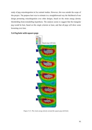 61
study of peg osteointegration in live animal studies. However, this was outside the scope of
this project. The purpose here was to estimate in a straightforward way the likelihood of one
design promoting osteointegration over other designs, based on the strain energy density
thresholding bone-remodelling hypothesis. The analysis seems to suggest that the triangular
peg would be best, based on this single criterion at least, and that all pegs will show some
loosening over time.
5.6 Peg hole with square pegs
Figure 5.11: The strain energy density around the square peg with holes
 