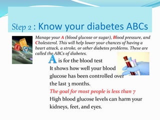 Step 2 : Know your diabetes ABCs
 Manage your A (blood glucose or sugar), Blood pressure, and
Cholesterol. This will help lower your chances of having a
heart attack, a stroke, or other diabetes problems. These are
called the ABCs of diabetes.
is for the blood test
It shows how well your blood
glucose has been controlled over
the last 3 months.
The goal for most people is less than 7
High blood glucose levels can harm your
kidneys, feet, and eyes.
 