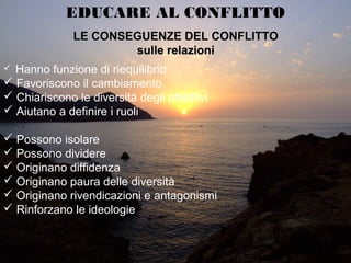 EDUCARE AL CONFLITTO
LE CONSEGUENZE DEL CONFLITTOLE CONSEGUENZE DEL CONFLITTO
sulle relazionisulle relazioni
 Hanno funzione di riequilibrio
 Favoriscono il cambiamento
 Chiariscono le diversità degli obiettivi
 Aiutano a definire i ruoli
 Possono isolare
 Possono dividere
 Originano diffidenza
 Originano paura delle diversità
 Originano rivendicazioni e antagonismi
 Rinforzano le ideologie
 