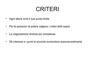 CRITERI
• Ogni attore avrà il suo punto limite
• Per le posizioni di potere valgono i criteri detti sopra
• La negoziazione diventa più complessa
• Gli interessi e i punti di accordo aumentano esponenzialmente
 