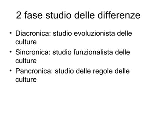 2 fase studio delle differenze
• Diacronica: studio evoluzionista delle
culture
• Sincronica: studio funzionalista delle
culture
• Pancronica: studio delle regole delle
culture
 