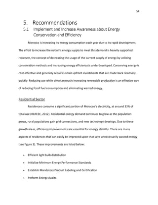 54
5. Recommendations
5.1 Implement and Increase Awareness about Energy
Conservation and Efficiency
Morocco is increasing its energy consumption each year due to its rapid development.
The effort to increase the nation’s energy supply to meet this demand is heavily supported.
However, the concept of decreasing the usage of the current supply of energy by utilizing
conservation methods and increasing energy efficiency is underdeveloped. Conserving energy is
cost-effective and generally requires small upfront investments that are made back relatively
quickly. Reducing use while simultaneously increasing renewable production is an effective way
of reducing fossil fuel consumption and eliminating wasted energy.
Residential Sector
Residences consume a significant portion of Morocco’s electricity, at around 33% of
total use (RCREEE, 2012). Residential energy demand continues to grow as the population
grows, rural populations gain grid connections, and new technology develops. Due to these
growth areas, efficiency improvements are essential for energy stability. There are many
aspects of residences that can easily be improved upon that save unnecessarily wasted energy
(see figure 3). These improvements are listed below:
• Efficient light bulb distribution
• Initialize Minimum Energy Performance Standards
• Establish Mandatory Product Labeling and Certification
• Perform Energy Audits
 
