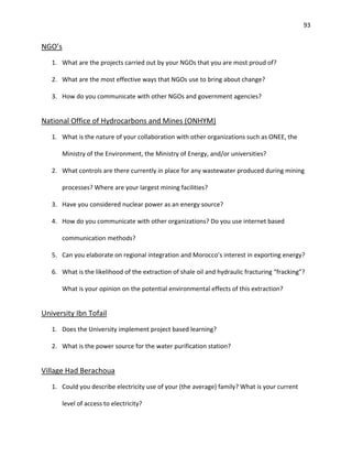 93
NGO’s
1. What are the projects carried out by your NGOs that you are most proud of?
2. What are the most effective ways that NGOs use to bring about change?
3. How do you communicate with other NGOs and government agencies?
National Office of Hydrocarbons and Mines (ONHYM)
1. What is the nature of your collaboration with other organizations such as ONEE, the
Ministry of the Environment, the Ministry of Energy, and/or universities?
2. What controls are there currently in place for any wastewater produced during mining
processes? Where are your largest mining facilities?
3. Have you considered nuclear power as an energy source?
4. How do you communicate with other organizations? Do you use internet based
communication methods?
5. Can you elaborate on regional integration and Morocco’s interest in exporting energy?
6. What is the likelihood of the extraction of shale oil and hydraulic fracturing “fracking”?
What is your opinion on the potential environmental effects of this extraction?
University Ibn Tofail
1. Does the University implement project based learning?
2. What is the power source for the water purification station?
Village Had Berachoua
1. Could you describe electricity use of your (the average) family? What is your current
level of access to electricity?
 