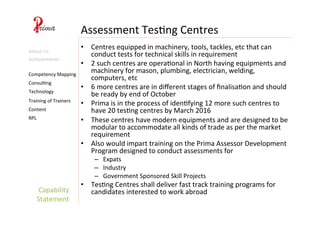 Capability	
  
Statement	
  
Assessment	
  Tes4ng	
  Centres	
  
Consul4ng	
  
Content	
  
Technology	
  
Competency	
  Mapping	
  
Training	
  of	
  Trainers	
  
RPL	
  
About	
  Us	
  
Achievements	
  
•  Centres	
  equipped	
  in	
  machinery,	
  tools,	
  tackles,	
  etc	
  that	
  can	
  
conduct	
  tests	
  for	
  technical	
  skills	
  in	
  requirement	
  
•  2	
  such	
  centres	
  are	
  opera4onal	
  in	
  North	
  having	
  equipments	
  and	
  
machinery	
  for	
  mason,	
  plumbing,	
  electrician,	
  welding,	
  
computers,	
  etc	
  
•  6	
  more	
  centres	
  are	
  in	
  diﬀerent	
  stages	
  of	
  ﬁnalisa4on	
  and	
  should	
  
be	
  ready	
  by	
  end	
  of	
  October	
  
•  Prima	
  is	
  in	
  the	
  process	
  of	
  iden4fying	
  12	
  more	
  such	
  centres	
  to	
  
have	
  20	
  tes4ng	
  centres	
  by	
  March	
  2016	
  
•  These	
  centres	
  have	
  modern	
  equipments	
  and	
  are	
  designed	
  to	
  be	
  
modular	
  to	
  accommodate	
  all	
  kinds	
  of	
  trade	
  as	
  per	
  the	
  market	
  
requirement	
  
•  Also	
  would	
  impart	
  training	
  on	
  the	
  Prima	
  Assessor	
  Development	
  
Program	
  designed	
  to	
  conduct	
  assessments	
  for	
  
–  Expats	
  
–  Industry	
  	
  
–  Government	
  Sponsored	
  Skill	
  Projects	
  
•  Tes4ng	
  Centres	
  shall	
  deliver	
  fast	
  track	
  training	
  programs	
  for	
  
candidates	
  interested	
  to	
  work	
  abroad	
  
 