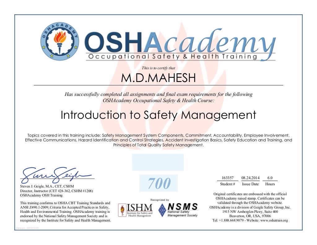 osha management in safety certificate
