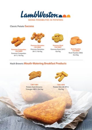 Classic Potato Success
RostiToasties
13610004
Pommes Croquettes
(K11) 10x1kg
13610007
Pommes Rosti (SH1)
10x1kg 13610008
RostiToasties (HB5)
4x2.5kg
Pommes Croquettes
Pommes Rosti
Hash Browns Mouth-Watering Breakfast Products
13611001
Potato Hash Browns-
Triangle (HB1) 10x1kg
13611002
Potato Stix LW (PS1)
10x1kg
13610005
Pommes Noisettes
(N11) 10x1kg
Pommes Noisettes
 