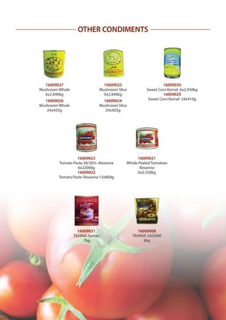 OTHER CONDIMENTS
16009025
Mushroom Slice
6x2.840kg
16009024
Mushroom Slice
24x425g
16009021
Whole PeeledTomatoes
Rosanna
6x2.550kg
16009027
MushroomWhole
6x2.840kg
16009026
MushroomWhole
24x425g
16009023
Tomato Paste 28/30% -Rosanna
6x2200kg
16009022
Tomato Paste-Rosanna 12x800g
16009030
Sweet Corn Kernel 6x2.950kg
16009029
Sweet Corn Kernel 24x410g
16009051
TAHINA Juman
7kg
16009008
TAHINA SADAWI
8kg
 