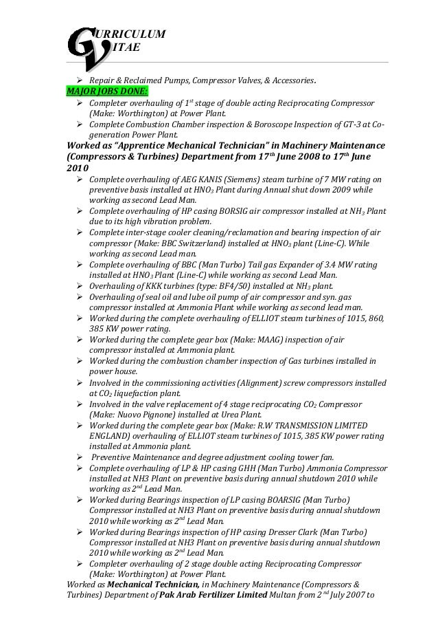 cv for mechanical technician