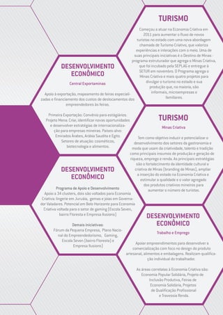 TURISMO
TURISMO
Minas Criativa
Tem como objetivo induzir e potencializar o
desenvolvimento dos setores da gastronomia e
moda que usam da criatividade, talento e tradição
como principais insumos de produção e geração de
riqueza, emprego e renda. As principais estratégias
são o fortalecimento da identidade cultural e
criativa de Minas (branding de Minas), ampliar
a inserção do estado na Economia Criativa e
estimular a qualidade e o valor agregado
dos produtos criativos mineiros para
aumentar o número de turistas.
DESENVOLVIMENTO
ECONÔMICO
DESENVOLVIMENTO
ECONÔMICO
DESENVOLVIMENTO
ECONÔMICO
Central Exportaminas
Apoio à exportação, mapeamento de feiras especiali-
zadas e financiamento dos custos de deslocamentos dos
empreendedores às feiras.
Primeira Exportação: Convênio para estágiários.
Projeto Mena: Criar, identificar novas oportunidades
e desenvolver estratégias de internacionaliza-
ção para empresas mineiras. Países-alvo:
Emirados Árabes, Arábia Saudita e Egito.
Setores de atuação: cosméticos,
biotecnologia e alimentos.
Programa de Apoio e Desenvolvimento
Apoio a 34 clusters, dois são voltados para Economia
Criativa: lingerie em Juruáia, gemas e joias em Governa-
dor Valadares. Potencial em Belo Horizonte para Economia
Criativa voltada para o setor de gaming (Escola Seven,
bairro Floresta e Empresa Ilusions)
Demais iniciativas:
Fórum da Pequena Empresa, Plano Nacio-
nal do Empreendedorismo, Gaming,
Escola Seven (bairro Floresta) e
Empresa Ilusions)
Trabalho e Emprego
Apoiar empreendimentos para desenvolver a
comercialização com foco no design do produto
artesanal, alimentos e embalagens. Realizam qualifica-
ção individual do trabalhador.
As áreas correlatas à Economia Criativa são:
Economia Popular Solidária, Projeto de
Inclusão Produtiva, Feiras de
Economia Solidária, Projetos
de Qualificação Profissional
e Travessia Renda.
Começou a atuar na Economia Criativa em
2011 para aumentar o fluxo de novos
turistas no estado com uma nova abordagem
chamada de Turismo Criativo, que valoriza
experiências e interações com o meio. Uma de
suas principais iniciativas é o Destino de Minas -
programa estruturador que agrega o Minas Criativa,
que foi incubado pela SEPLAG e entregue à
SETUR em novembro. O Programa agrega o
Minas Criativa e mais quatro projetos para
divulgar o turismo no estado e sua
produção que, na maioria, são
informais, microempresas e
familiares.
 