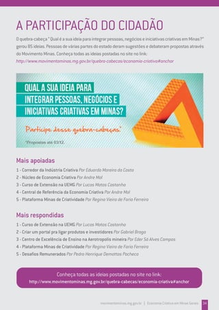 A PARTICIPAÇÃO DO CIDADÃO
Oquebra-cabeça“Qualéasuaideiaparaintegrarpessoas,negócioseiniciativascriativasemMinas?”
gerou 85 ideias. Pessoas de várias partes do estado deram sugestões e debateram propostas através
do Movimento Minas. Conheça todas as ideias postadas no site no link:
http://www.movimentominas.mg.gov.br/quebra-cabecas/economia-criativa#anchor
Mais apoiadas
1 - Corredor da Indústria Criativa Por Eduardo Moreira da Costa
2 - Núcleo de Economia Criativa Por Andre Mol
3 - Curso de Extensão na UEMG Por Lucas Matos Castanha
4 - Central de Referência da Economia Criativa Por Andre Mol
5 - Plataforma Minas de Criatividade Por Regina Vieira de Faria Ferreira
Mais respondidas
1 - Curso de Extensão na UEMG Por Lucas Matos Castanha
2 - Criar um portal pra ligar produtos e investidores Por Gabriel Braga
3 - Centro de Excelência de Ensino na Aerotropolis mineira Por Eder Sá Alves Campos
4 - Plataforma Minas de Criatividade Por Regina Vieira de Faria Ferreira
5 - Desafios Remunerados Por Pedro Henrique Demattos Pacheco
Conheça todas as ideias postadas no site no link:
http://www.movimentominas.mg.gov.br/quebra-cabecas/economia-criativa#anchor
movimentominas.mg.gov.br | Economia Criativa em Minas Gerais 34
 