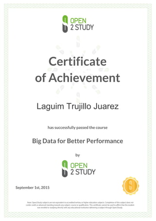 Certificate
of Achievement
Laguim Trujillo Juarez
has successfully passed the course
Big Data for Better Performance
by
September 1st, 2015
 
