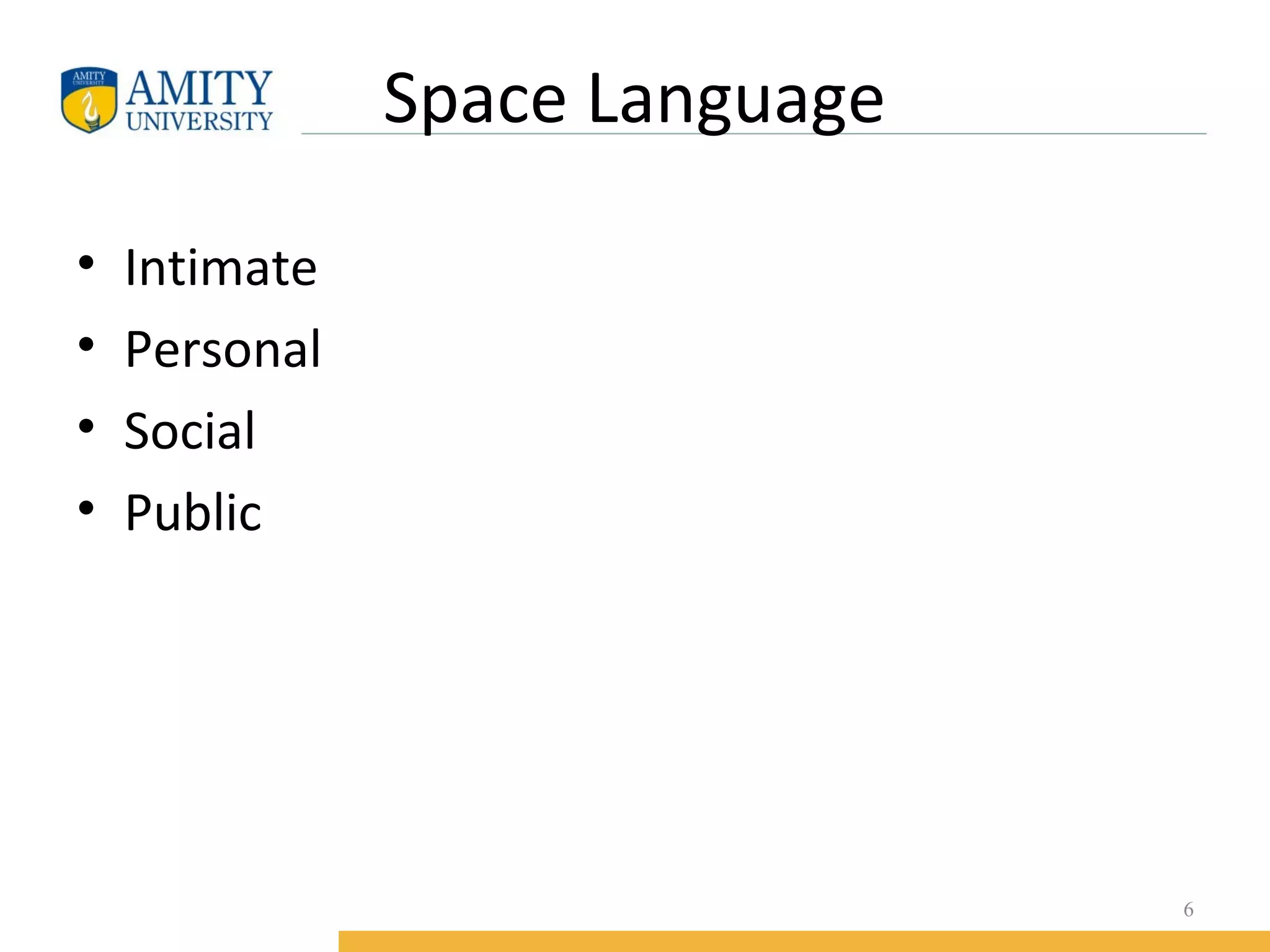 Space Language
•
•
•
•
Intimate
Personal
Social
Public
6