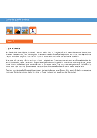 Cabo de guerra elétrico
Intro 0201
Passo 3
03
O que acontece
Ao atritarmos dois corpos, como no caso do balão e da lã, cargas elétricas são transferidas de um para
o outro. Desta forma, um dos objetos fica com excesso de cargas negativas e o outro com excesso de
cargas positivas. Objetos com cargas opostas se atraem e com cargas iguais se repelem.
A lata de refrigerante não foi atritada. Como conseguimos fazer com que ela seja atraída pelo balão? Ao
aproximarmos o balão carregado de um objeto eletricamente neutro, induzimos a separação de cargas
neste objeto. O lado da lata que está mais próximo do balão ficará com cargas opostas à do balão e o
outro lado com excesso de cargas de mesmo sinal. O resultado disso é que o balão atrai a lata.
Quando temos dois balões equilibramos as forças vindas da atração dos dois lados. Esta força depende
muito da distância entre o balão e a lata (a força varia com o quadrado da distância).
várias experiências, um só lugar
 