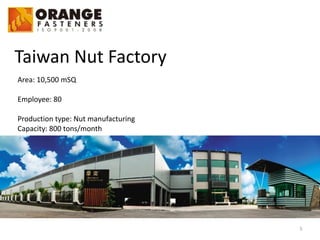 Taiwan	
  Nut	
  Factory
5
Area:	
  10,500	
  mSQ	
  
Employee:	
  80	
  
Production	
  type:	
  Nut	
  manufacturing	
  
Capacity:	
  800	
  tons/month	
  
 