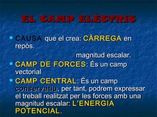 EL CAMP ELÈCTRIC






CAUSA que el crea: CÀRREGA en
repòs.
magnitud escalar.
CAMP DE FORCES : És un camp
vectorial
CAMP CENTRAL : És un camp
conservatiu , per tant, podrem expressar
el treball realitzat per les forces amb una
magnitud escalar: L’ENERGIA
POTENCIAL .

 