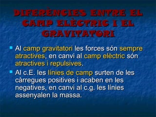 DIFERÈNCIES ENTRE EL
CAMP ELÈCTRIC I EL
GRAVITATORI




Al camp gravitatori les forces són sempre
atractives, en canvi al camp elèctric són
atractives i repulsives.
Al c.E. les línies de camp surten de les
càrregues positives i acaben en les
negatives, en canvi al c.g. les línies
assenyalen la massa.

 