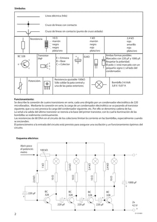 2 D110109#1
B
C
E
B
C
E
Resistencia 10 Ω
marrón
negro
negro
plata/oro
1 kΩ
marrón
negro
rojo
plata/oro
2,4 kΩ
rojo
amarill...