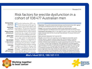 Age-related patterns of erectile
dysfunction among older men
Marianne Weber, David Smith, Dianne O’Connell, Manish Patel,
Paul de Souza, Freddy Sitas, Emily Banks
45 and Up Study Annual Collaborator’s Meeting, 11th October, 2013

Med J Aust 2013, 199:107-111

 