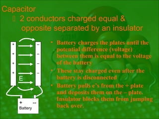 Capacitor
   2 conductors charged equal &
    opposite separated by an insulator
  +                  –   • Battery charges the plates until the
                           potential difference (voltage)
  +                  –
                           between them is equal to the voltage
  +                  –     of the battery
  +                  –   • These stay charged even after the
      E                    battery is disconnected
                         • Battery pulls e’s from the + plate
                           and deposits them on the – plate.
                           Insulator blocks them from jumping
      +         --
      Battery              back over.
 