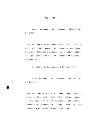 Vedi
22.5.1984.
- Pago
mandato
623 -
di cattura 163/84 del
Del reato di cui agli artt. 110.360)
697 C.P. per avere. in concorso
112 n.l e
con Gioe'
Antonino, detenuto munizioni per fucile calibro
12, per rivoltella calo 38, calibro 38 special e
calibro 37.
Accertato in Palermo il 7 luglio 1979.
Vedi mandato
22.5.1984.
di cattura 1b3/84 del
361) Del reato p.
C.P., 10. 12 e 14 L.
e p. dagli artt. 110,81
18/4/1975 n. 110 per avere,
in concorso con Gioe' Antonino, illegalmente
detenuto e portato in luogo pubblico una
rivoltella marca Taurus Brasil calo 38.
 