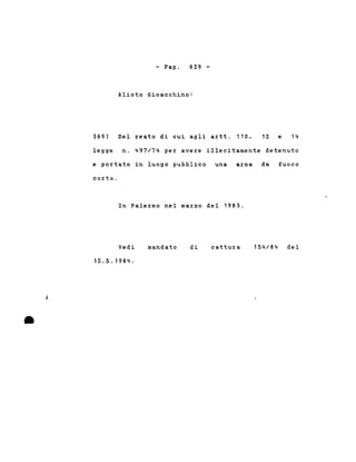 - Pago 629 -
Alioto Gioacchino:
369) Del reato di cui agli artt. 110, 12 e 14
legge n. 497/74 per avere illecitamente detenuto
e portato in luogo pubblico una arma da fuoco
corta.
In Palermo nel marzo del 1983.
•
Vedi
15.5.1984 .
mandato di cattura 154/84 del
 