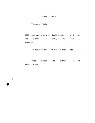 - Pago
Vernengo Pietzo:
630 -
370)
497
Del reato p. e p. dagli aztt. 10-14 L. n.
del 1974 per avere illegalmente detenuto due
pistole.
In Palermo dal 1981 all'11 Mazzo 1983.
Vedi
dell'8.8.1983.
mandato di cattura 373/83
 