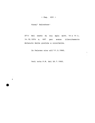 - Pago 631 -
Virzi' Salvatore:
371) Del reato di cui agli artt. 10 e 14 L.
14.10.1974 n. 497 per avere illecitamente
detenuto delle pistole e rivoltelle.
In Palermo sino all'11.3.1983.
Vedi nota P.M. del 30.7.1983.
 