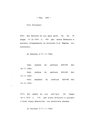 - Pago
Fie i Giovanni:
635 -
376) Del delitto di cui agli a~tt. 10 , 14
legge 14.10.1974 n. 497 pe~ ave~e detenuto e
po~tato illegalmente un ~evolve~ S.W. Magnum con
munizioni.
In Palermo 1'11.11.1983.
Vedi ordine di cattura 239/83 del
18.11.1983.
Vedi ordine di cattura 240/83 del
19.11.1983.
Vedi mandato di cattura 524/83 del
12.12.1983.
377) Del reato di cui all'art. 23 legge
18.4.1975 n. 110, per avere detenuto e portato
l'arma sopra descritta, con mat~icola abrasa.
In Palermo 1'11.11.1983.
 