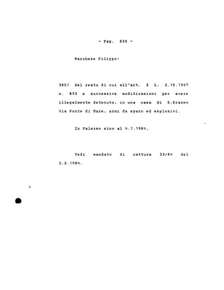 modifica2ioni
- Pago
Marchese Filippo:
380) Del reato di cui
n. 895 e successive
639 -
all'art. 2 L. 2.10.1967
per avere
illegalmente detenuto, in una casa di S.Erasmo
Via Ponte di Mare, armi da sparo ed esplosivi.
In Palermo sino al 4.1.1984.
•
Vedi
2.2.1984 .
mandato di cattura 33/84 del
 