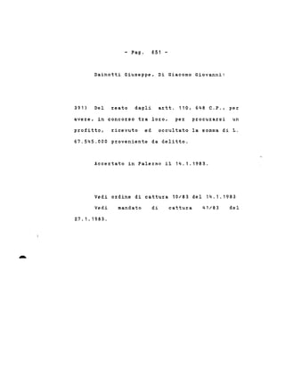 - Pago 651 -
Dainotti Giuseppe, Di Giacomo Giovanni:
391) Del reato dagli artt. 110, 648 C.P., per
avere, in concorso tra loro, per procurarsi un
profitto, ricevuto ed occultato la somma di L.
67.545.000 proveniente da delitto.
Accertato in Palermo il 14.1.1983.
Vedi ordine di cattura 10/83 del 14.1.1983
Vedi
27.1.1983.
mandato di cattura 41/83 del
 