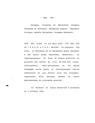 - Pago 653 -
Vincenzo di Antonino, Baiamonte Angelo,
Sinagra Vincenzo di Salvatore, Sinagra
Marchese
Filippo, Rotolo Salvatore, Sinagra Antonino:
393) Del reato di cui agli artt. 110, 624, 625
nn.1 e 2 e 61 n.? C.P., perche', in concorso tra
loro, il Marchese ed il Baiamonte quali mandanti
fine di trarne profitto, di
e gli altri quali
impossessavano, al
esecutori materiali, si
gioielli del valore di lire 50.000.000 circa,
sottraendoli dall'abitazione di La Malfa
Giuseppe, nella quale si introducevano previa
effrazione di una botola sita nel terrazzo,
cagionando alla persona offesa un danno
patrimoniale di rilevante gravita'.
In Palermo in epoca anteriore e prossima
al 7 ottobre 1980.
 