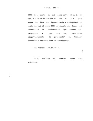 - Pago 660 -
399) Del ~eato di cui agli a~tt. 61 n. 2, 81
cpv. e 424 in ~elazione all'art. 423 C.P., pe~
ave~e al fine di danneggiarle e commettere il
~eato di cui al capo 398) appiccato il
incendiato le autovettu~e Opel
~ispettivamentE! p~op~ieta'
Radett tg.
PA-316644
Me~lino
fuoco ed
di
tg.500Fiat
di
ePA-2.79041
Vincenzo e Me~lino Rosa in Bonacco~so.
In Pale~mo 1'1.11.1983.
Vedi
4.3.1985.
mandato di cattu~a 79/85 del
 