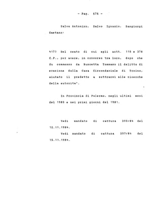 - Pago
Salvo Antonino,
Gaetano:
676 -
Salvo Ignazio, Sangiorgi
C.P., per avere, in concorso tra loro,
417) Del reato di cui agli artt. 110 e 378
dopo che
fu commesso da Buscetta Tommaso il delitto di
evasione dalla Casa Circondariale di Torino,
aiutato il predetto a sottrarsi alle ricerche
della autorita'.
In Provincia di Palermo, negli ultimi mesi
del 1980 e nei primi giorni del 1981.
mandato 390/84 delVedi
12. 11 . 1984.
Vedi mandato
15.11.1984.
di
di
cattura
cattura 397/84 del
 