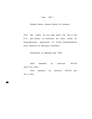 - Pago 534 -
274)
Alfano Paolo, Zanca Piet~o di Cosimo:
Del ~eato di cui agli a~tt.110, 424 e 423
C.P., pe~ ave~e, in conco~so ed allo scopo di
danneggia~la, appiccato il fuoco incendiandola
alla ba~acca di Amb~ogio Giovanni.
Acce~tato in Pale~mo nel 1983.
Vedi
dell'8.8.1983.
mandato di cattu~a 373/83
•
Vedi
2.9.9.1984 .
mandato di cattu~a 323/84 del
 