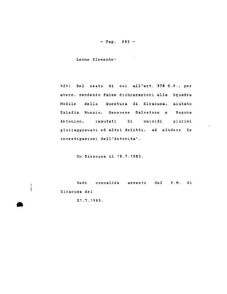 - Pago
Leone Clemente:
683 _.
424) Del reato di cui all'art. 378 C.P., per
avere, rendendo false dichiarazioni alla Squadra
Salafia Nunzio,
Questura di Siracusa,
Genovese Salvatore e
Mobile
Antonino,
della
imputati di omicidi
aiutato
Ragona
plurimi
pluriaggravati ed altri delitti,
investigazioni dell'Autorita'.
In Siracusa il 18.7.1983.
ad eludere le
Vedi convalida arresto del P.M. di
•
Siracusa del
21.7.1983 .
 