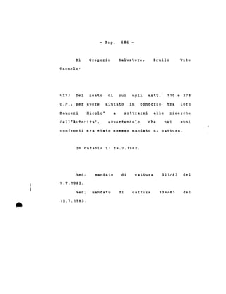 Di
Carmelo:
- Pago
Gregorio
686 -
Salvatore, Brullo Vito
42.7) Del reato di cui agli artt. 110 e 378
C.P., per avere aiutato in concorso tra loro
Maugeri Nicolo' a sottrarsi alle ricerche
dell'Autorita', avvertendolo che nei suoi
confronti era stato emesso mandato di cattura.
In Catania il 24.7.1982.
Vedi
9.7.1983.
mandato di cattura 321/83 del
•
Vedi mandato
15.7.1983 .
di cattu:z:a 334/83 del
 