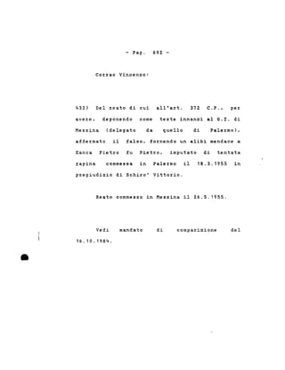 - Pago
Coz::rao Vincenzo:
692 -
432) Del :reato di cui all'a:rt. 372 C.P., pe:r
aver:e, deponendo come teste innanzi al G.I. di
Messina (delegato da quello di Paler:mo),
affez:mato il falso, for:nendo un alibi mendace a
Zanca Pìetr:o fu Pietr:o, imputato di tentata
r:apina commessa in Palez:mo il 18.3.1955 in
pr:egiudizio di Schi:ro' Vittor:io.
Reato commesso in Messina il 26.5.1955.
•
Vedi
16.10.1984 .
mandato di comparizione del
 