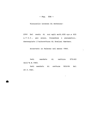 - Pago 538 -
Tinnirello Lorenzo fu Antonino:
278) Del reato di cui agli artt.635 cpv.e 625
n.7 C.P., per avere, forandone i pneumatici,
danneggiato l'autovettura di Scalisi Gaetano.
Accertato in Palermo nel marzo 1983.
Vedi mandato di cattura 373/83
•
dell'8.8.1983.
Vedi mandato
29.9.1984 .
di cattura 323/84 del
 